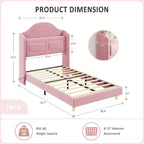 Cadre de lit double COZONY pour enfants, lit plateforme capitonné en velours de princesse avec dossier ailé, tête de lit bibliothèque de rangement et lumière LED, sommier tapissier non requis
