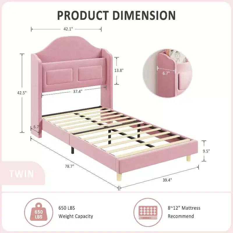 Cadre de lit double COZONY pour enfants, lit plateforme capitonné en velours de princesse avec dossier ailé, tête de lit bibliothèque de rangement et lumière LED, sommier tapissier non requis