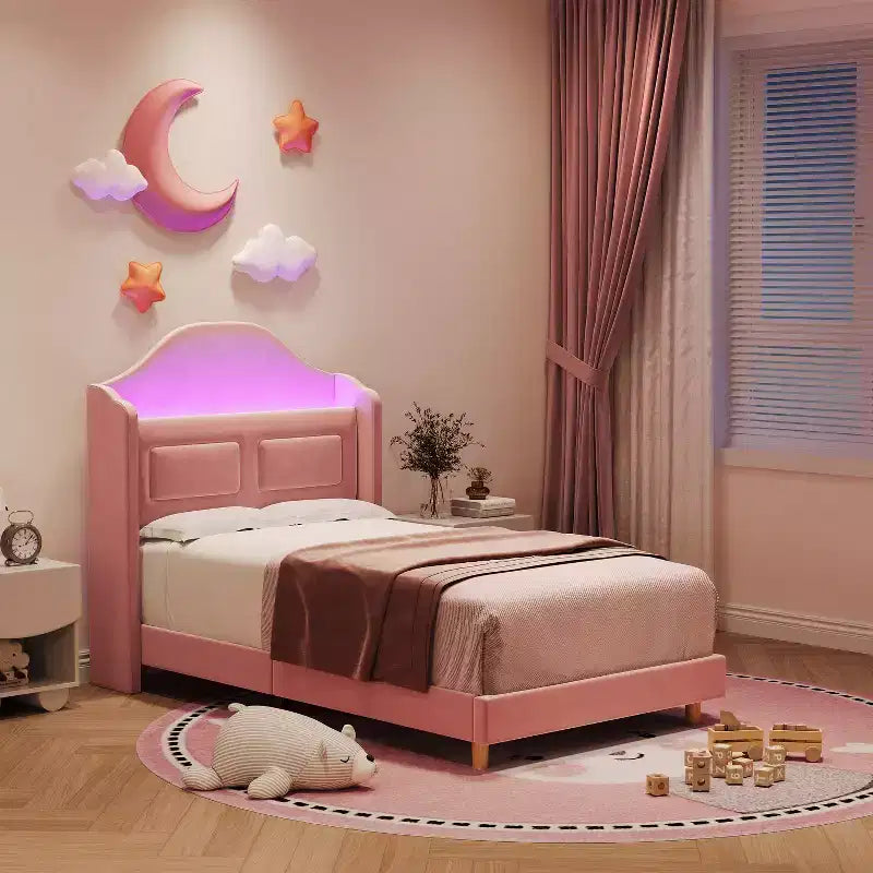 Cadre de lit double COZONY pour enfants, lit plateforme capitonné en velours de princesse avec dossier ailé, tête de lit bibliothèque de rangement et lumière LED, sommier tapissier non requis