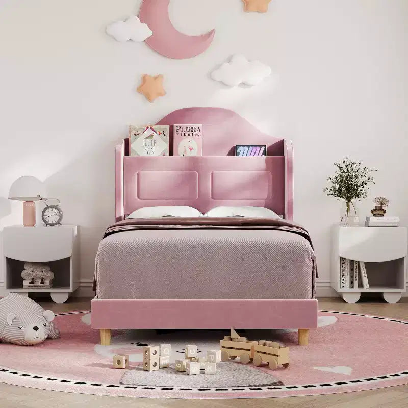 Cadre de lit double COZONY pour enfants, lit plateforme capitonné en velours de princesse avec dossier ailé, tête de lit bibliothèque de rangement et lumière LED, sommier tapissier non requis