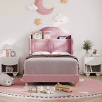 Cadre de lit double COZONY pour enfants, lit plateforme capitonné en velours de princesse avec dossier ailé, tête de lit bibliothèque de rangement et lumière LED, sommier tapissier non requis