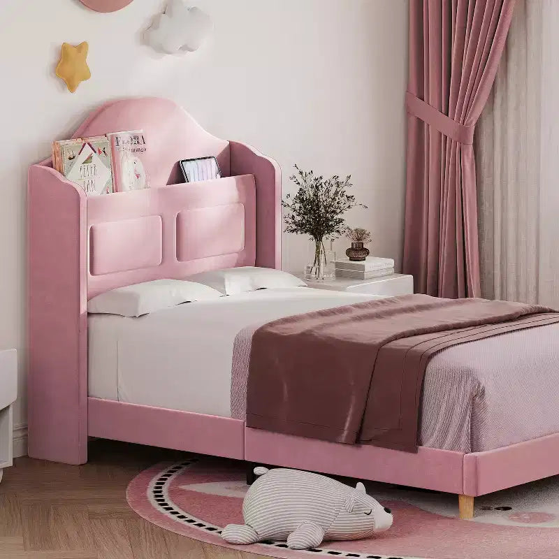 Cadre de lit double COZONY pour enfants, lit plateforme capitonné en velours de princesse avec dossier ailé, tête de lit bibliothèque de rangement et lumière LED, sommier tapissier non requis