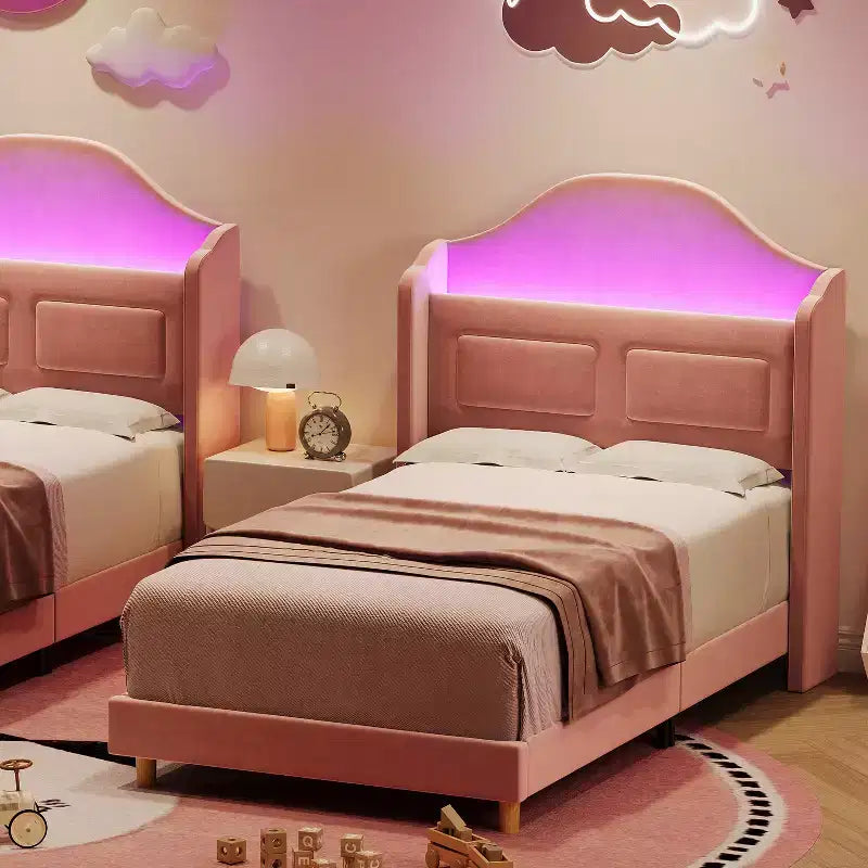 Cadre de lit double COZONY pour enfants, lit plateforme capitonné en velours de princesse avec dossier ailé, tête de lit bibliothèque de rangement et lumière LED, sommier tapissier non requis