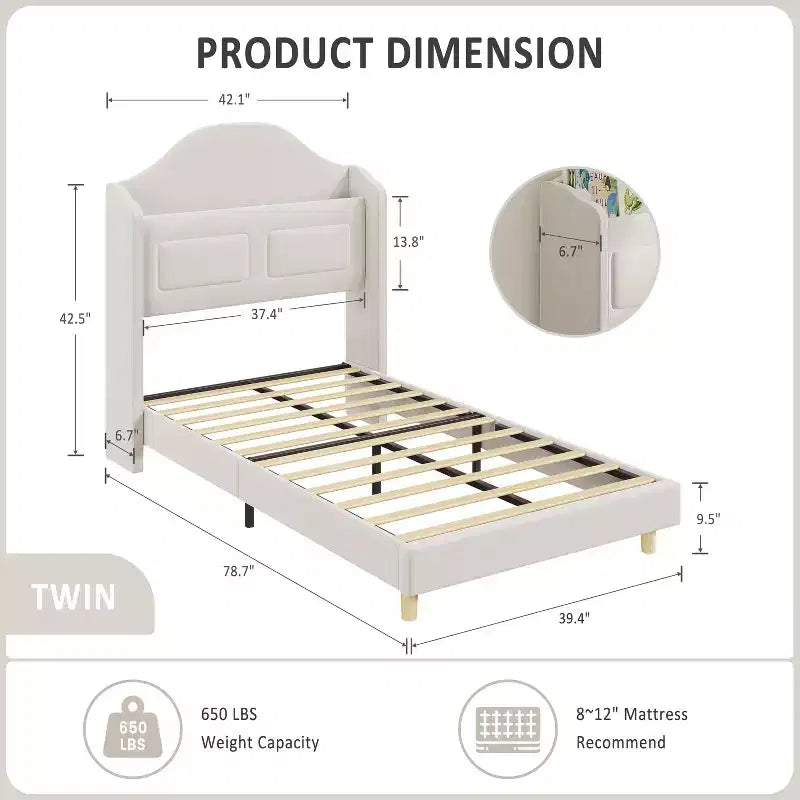 Cadre de lit double COZONY pour enfants, lit plateforme capitonné en velours de princesse avec dossier ailé, tête de lit bibliothèque de rangement et lumière LED, sommier tapissier non requis
