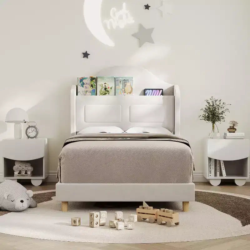 Cadre de lit double COZONY pour enfants, lit plateforme capitonné en velours de princesse avec dossier ailé, tête de lit bibliothèque de rangement et lumière LED, sommier tapissier non requis