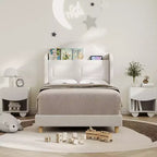 Cadre de lit double COZONY pour enfants, lit plateforme capitonné en velours de princesse avec dossier ailé, tête de lit bibliothèque de rangement et lumière LED, sommier tapissier non requis