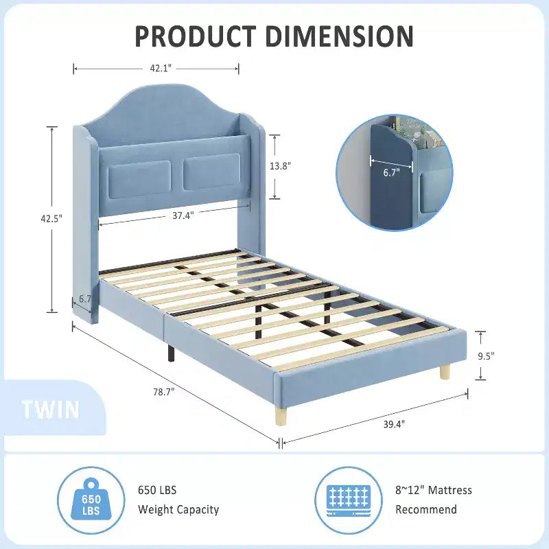Cadre de lit double COZONY pour enfants, lit plateforme capitonné en velours de princesse avec dossier ailé, tête de lit bibliothèque de rangement et lumière LED, sommier tapissier non requis
