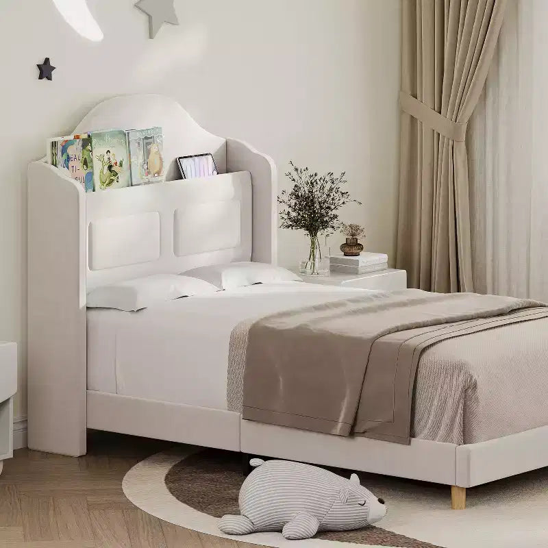 Cadre de lit double COZONY pour enfants, lit plateforme capitonné en velours de princesse avec dossier ailé, tête de lit bibliothèque de rangement et lumière LED, sommier tapissier non requis
