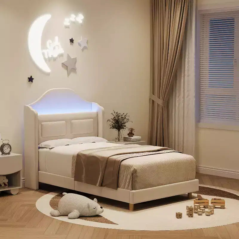 Cadre de lit double COZONY pour enfants, lit plateforme capitonné en velours de princesse avec dossier ailé, tête de lit bibliothèque de rangement et lumière LED, sommier tapissier non requis