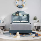 Cadre de lit double COZONY pour enfants, lit plateforme capitonné en velours de princesse avec dossier ailé, tête de lit bibliothèque de rangement et lumière LED, sommier tapissier non requis