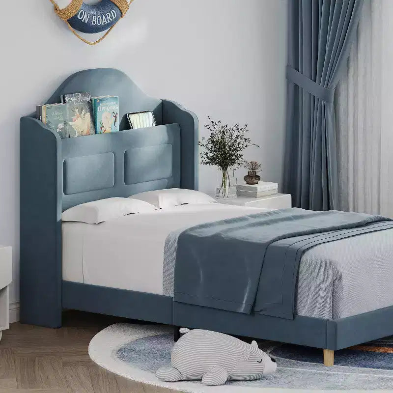 Cadre de lit double COZONY pour enfants, lit plateforme capitonné en velours de princesse avec dossier ailé, tête de lit bibliothèque de rangement et lumière LED, sommier tapissier non requis