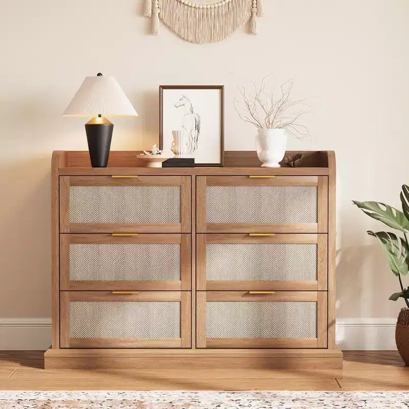 6-Drawer Wicker Storage Cabinet - Farmhouse Style with Raised Edge Countertop, Durable Slim Home Storage Unit