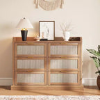 6-Drawer Wicker Storage Cabinet - Farmhouse Style with Raised Edge Countertop, Durable Slim Home Storage Unit