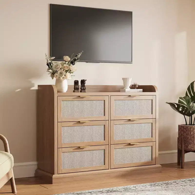 Meuble de rangement 6 tiroirs en osier – Style rustique avec comptoir à rebord surélevé, meuble de rangement mince et durable