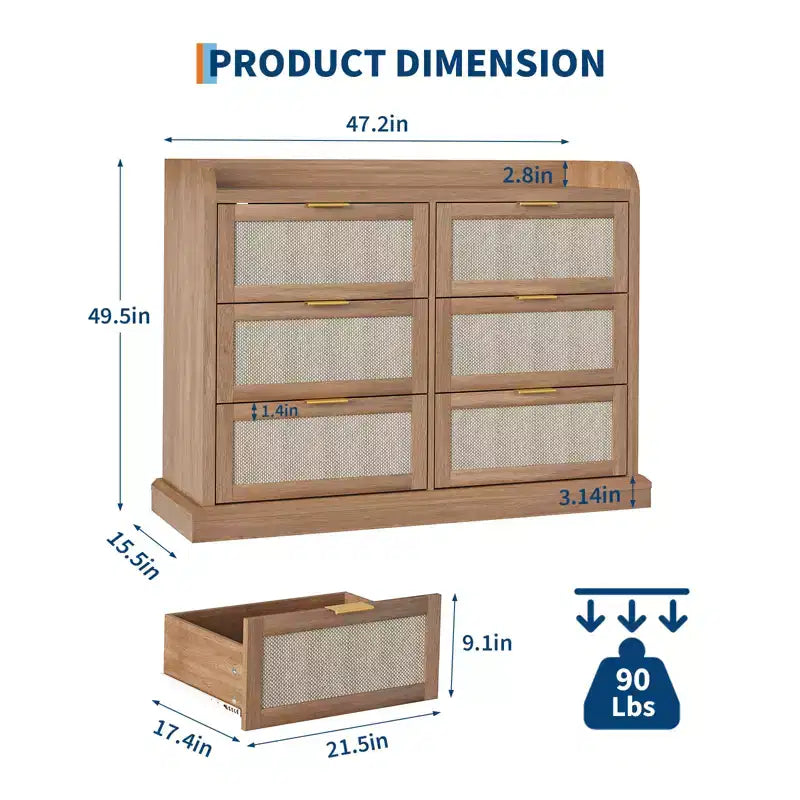 Meuble de rangement 6 tiroirs en osier – Style rustique avec comptoir à rebord surélevé, meuble de rangement mince et durable