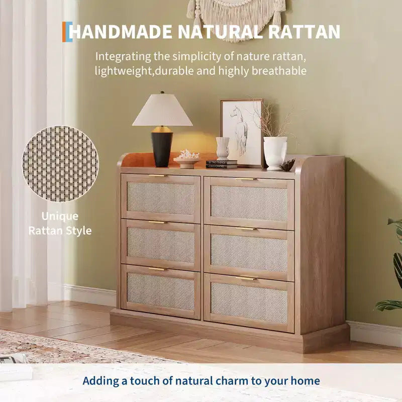 Meuble de rangement 6 tiroirs en osier – Style rustique avec comptoir à rebord surélevé, meuble de rangement mince et durable