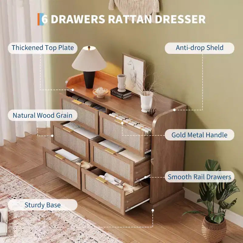 Meuble de rangement 6 tiroirs en osier – Style rustique avec comptoir à rebord surélevé, meuble de rangement mince et durable