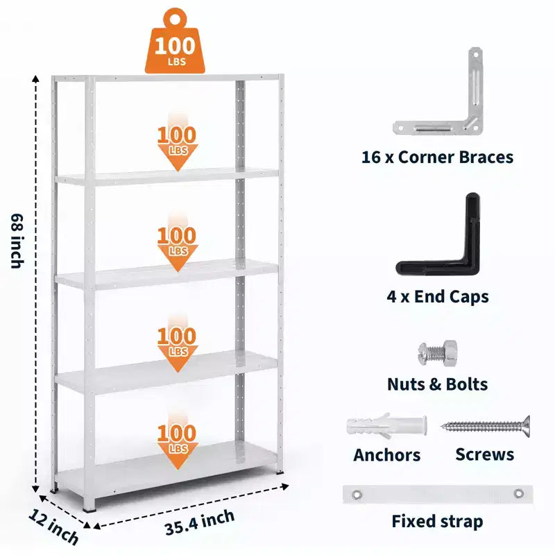5-Tier Metal Storage Shelf, Adjustable Heavy Duty Bookshelf for Garage, Pantry, Kitchen, and Home, Durable Shelving Rack for Storage and Display