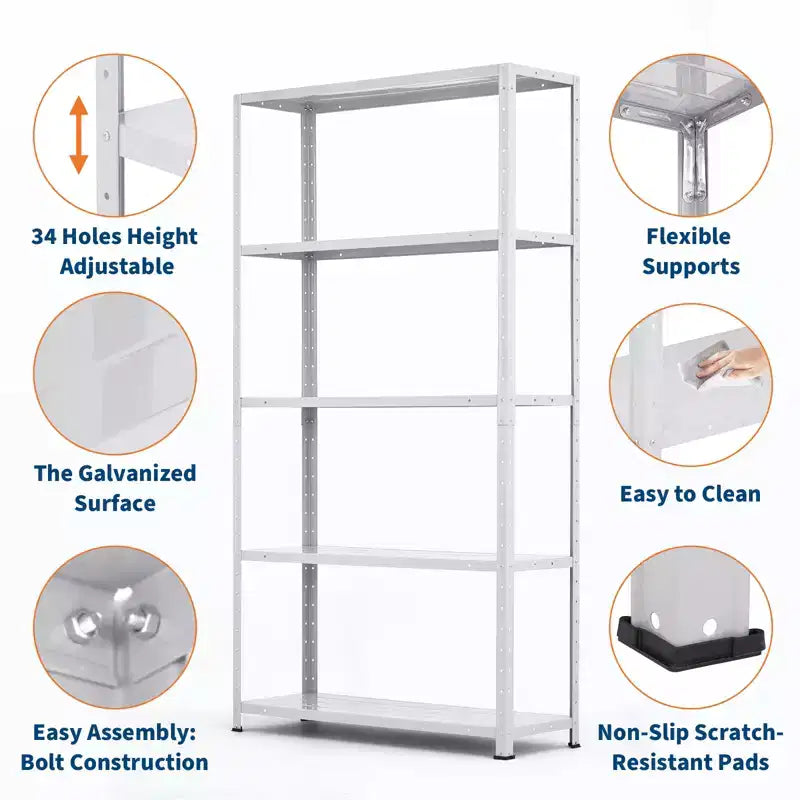 5-Tier Metal Storage Shelf, Adjustable Heavy Duty Bookshelf for Garage, Pantry, Kitchen, and Home, Durable Shelving Rack for Storage and Display