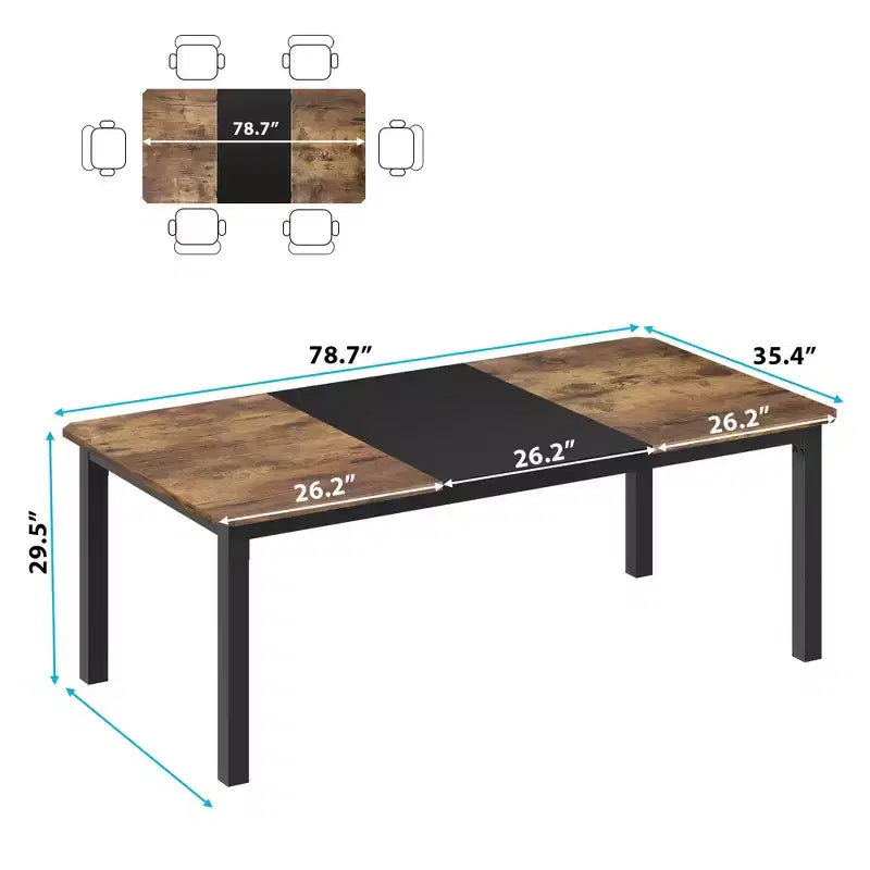 Table de salle à manger, 198 cm, pour 6-8 personnes, piétement en métal de style industriel, design rectangulaire, convient pour la cuisine, la salle à manger et le salon
