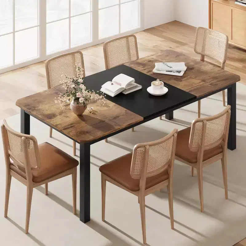Dining table, 78 inches, seats 6-8 people, industrial style metal frame, rectangular design, suitable for use in kitchen, dining room and living room