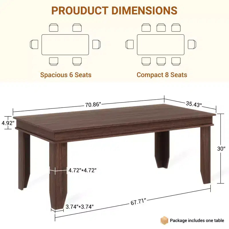 Large dining table, seating 6-8 people, 70.87-inch farmhouse style, suitable for living rooms, dining rooms, and apartments.