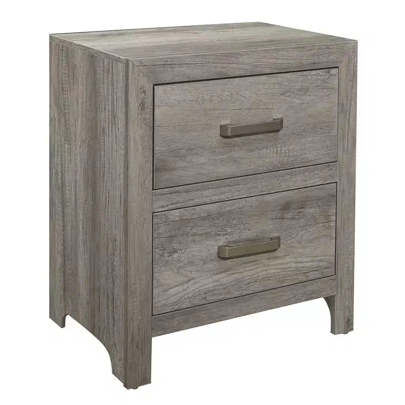 Transitional Aesthetic Bedroom Nightstand Faux Wood Veneer Weathered Gray Finish Nickel Hardware Bed Side Table