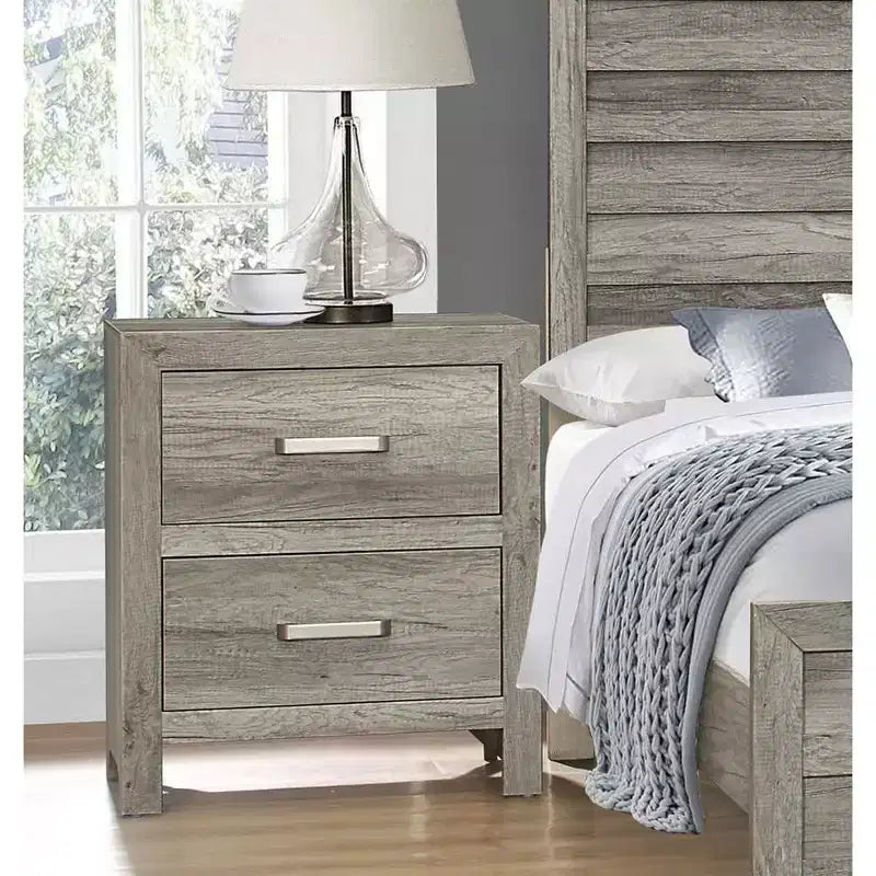 Transitional Aesthetic Bedroom Nightstand Faux Wood Veneer Weathered Gray Finish Nickel Hardware Bed Side Table