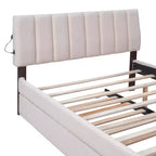 Full/Queen Upholstered Platform Bed with Trundle, Modern Teddy Fleece Bed Frame with LED Light