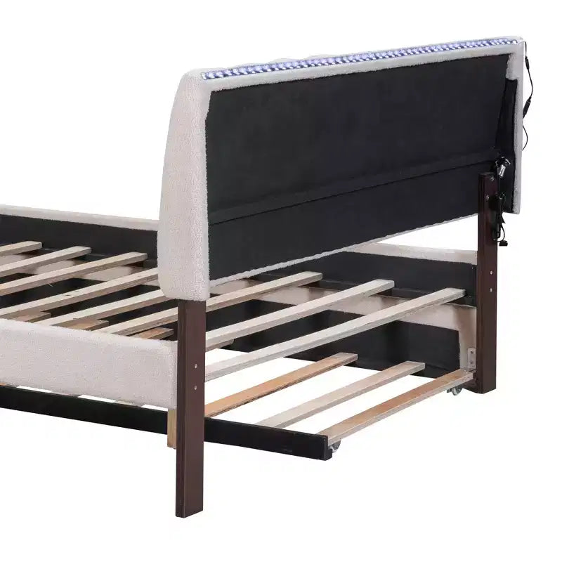 Full/Queen Upholstered Platform Bed with Trundle, Modern Teddy Fleece Bed Frame with LED Light