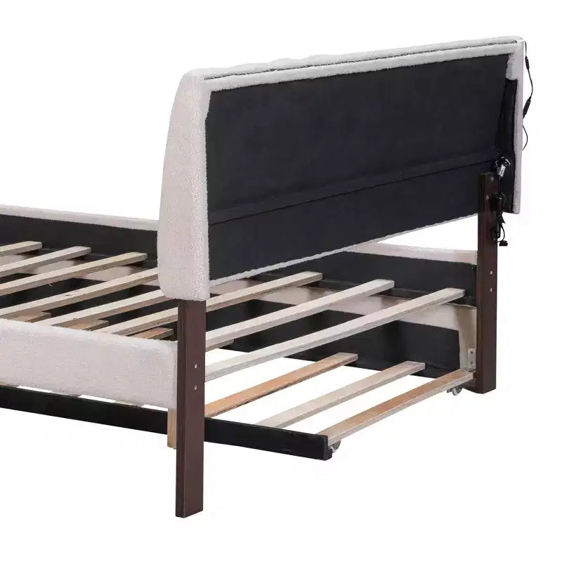 Full/Queen Upholstered Platform Bed with Trundle, Modern Teddy Fleece Bed Frame with LED Light
