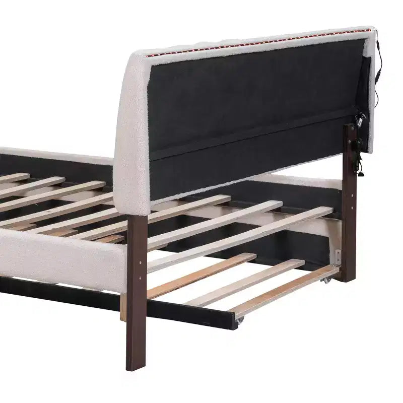 Full/Queen Upholstered Platform Bed with Trundle, Modern Teddy Fleece Bed Frame with LED Light