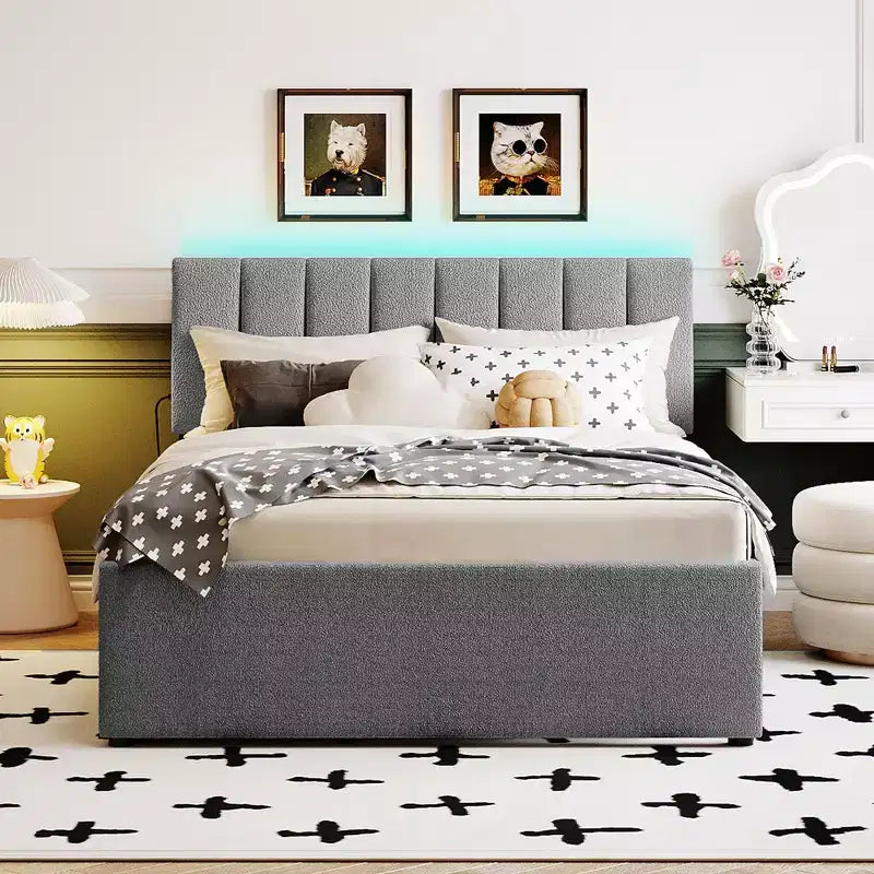 Full/Queen Upholstered Platform Bed with Trundle, Modern Teddy Fleece Bed Frame with LED Light