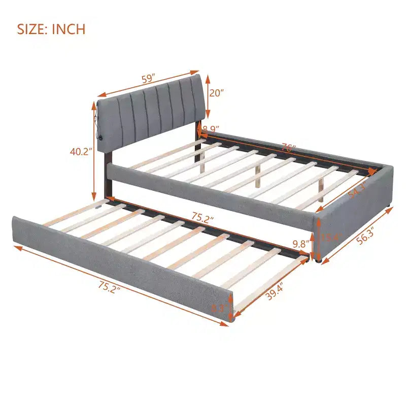 Full/Queen Upholstered Platform Bed with Trundle, Modern Teddy Fleece Bed Frame with LED Light
