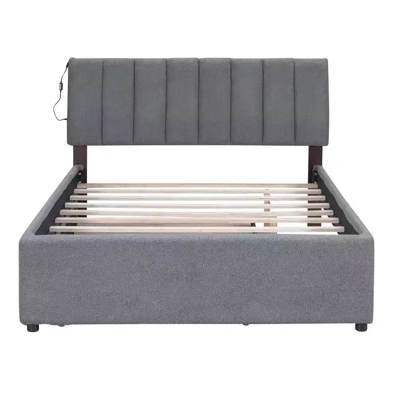 Full/Queen Upholstered Platform Bed with Trundle, Modern Teddy Fleece Bed Frame with LED Light
