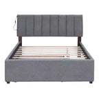 Full/Queen Upholstered Platform Bed with Trundle, Modern Teddy Fleece Bed Frame with LED Light