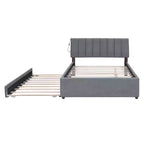 Full/Queen Upholstered Platform Bed with Trundle, Modern Teddy Fleece Bed Frame with LED Light