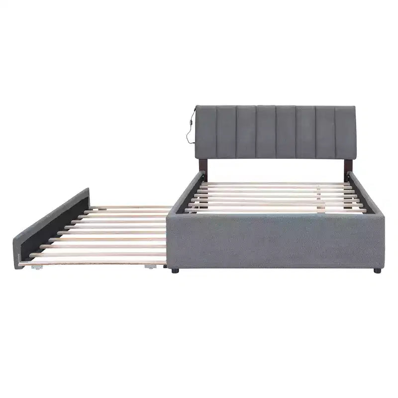 Full/Queen Upholstered Platform Bed with Trundle, Modern Teddy Fleece Bed Frame with LED Light