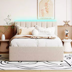 Full/Queen Upholstered Platform Bed with Trundle, Modern Teddy Fleece Bed Frame with LED Light