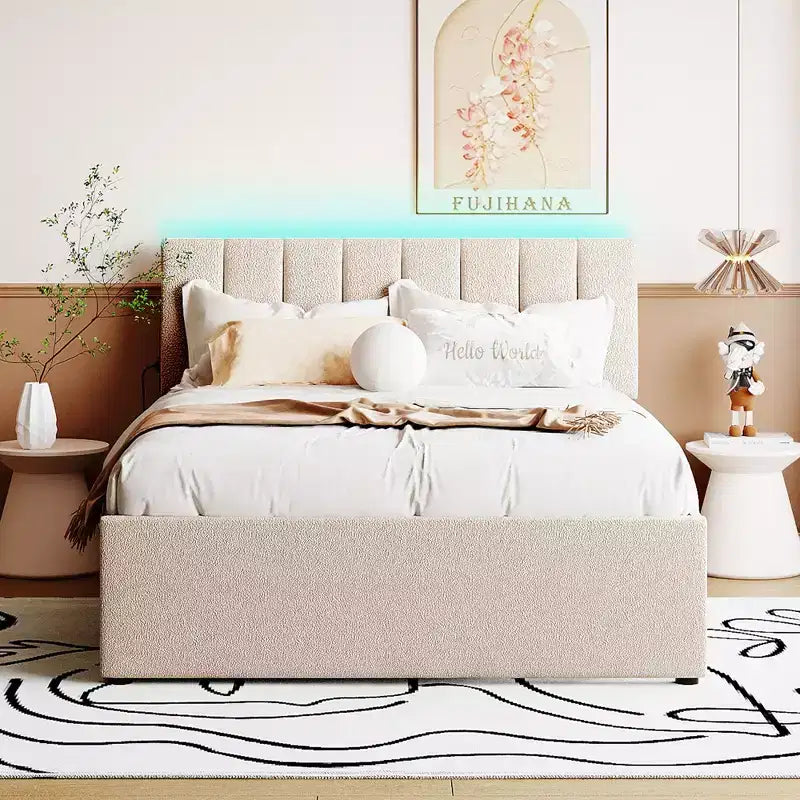 Full/Queen Upholstered Platform Bed with Trundle, Modern Teddy Fleece Bed Frame with LED Light