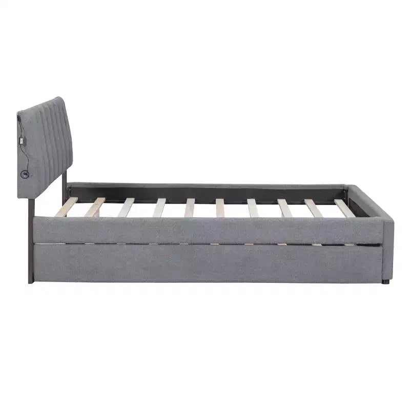 Full/Queen Upholstered Platform Bed with Trundle, Modern Teddy Fleece Bed Frame with LED Light