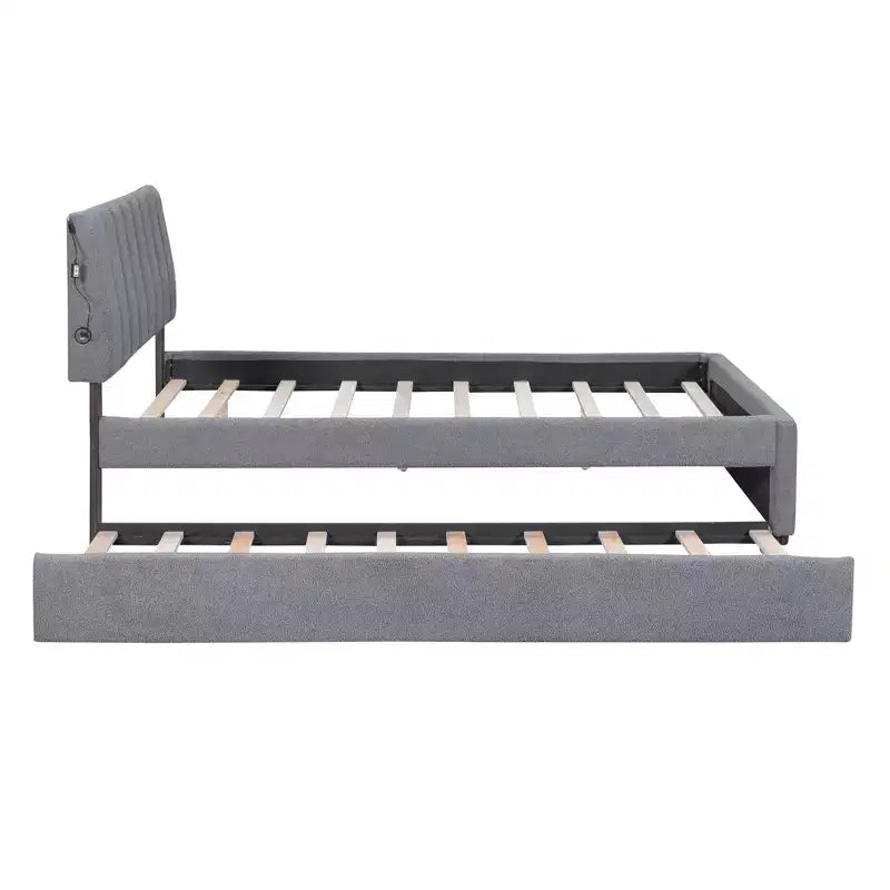 Full/Queen Upholstered Platform Bed with Trundle, Modern Teddy Fleece Bed Frame with LED Light