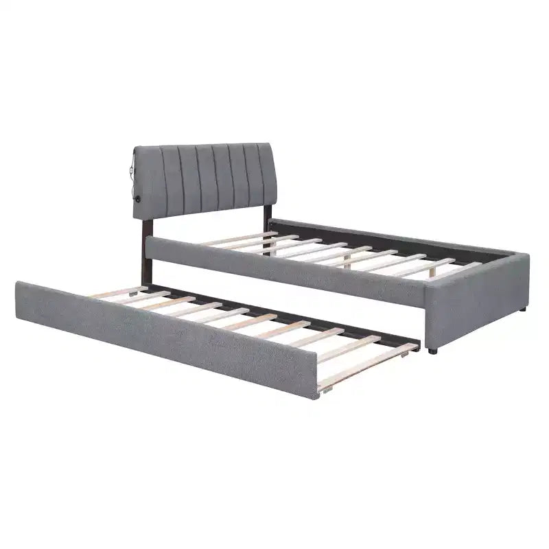 Full/Queen Upholstered Platform Bed with Trundle, Modern Teddy Fleece Bed Frame with LED Light