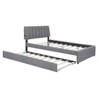 Full/Queen Upholstered Platform Bed with Trundle, Modern Teddy Fleece Bed Frame with LED Light