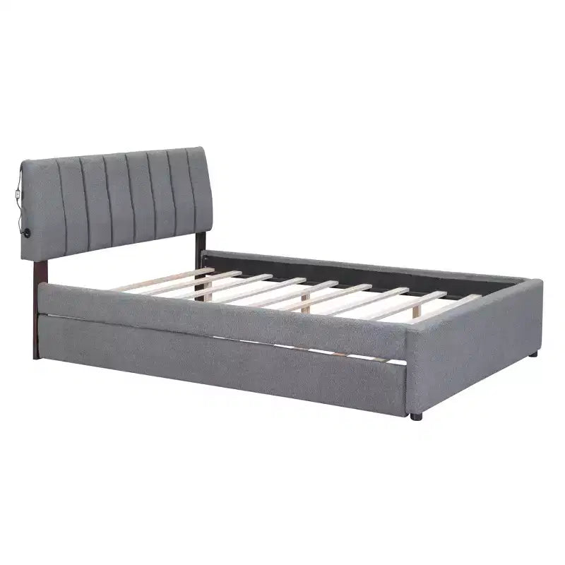 Full/Queen Upholstered Platform Bed with Trundle, Modern Teddy Fleece Bed Frame with LED Light