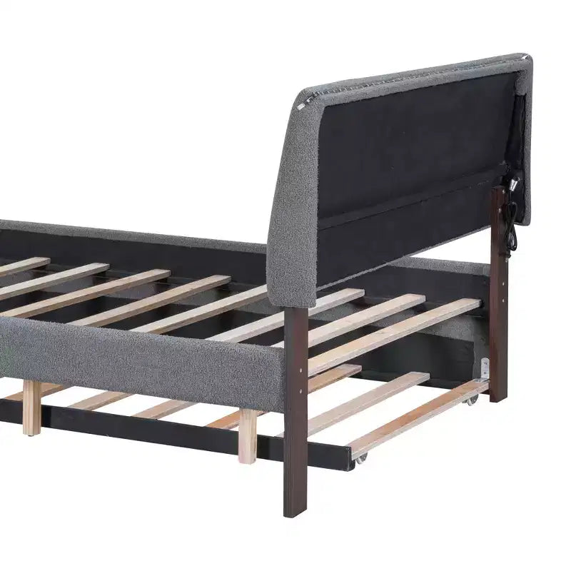 Full/Queen Upholstered Platform Bed with Trundle, Modern Teddy Fleece Bed Frame with LED Light