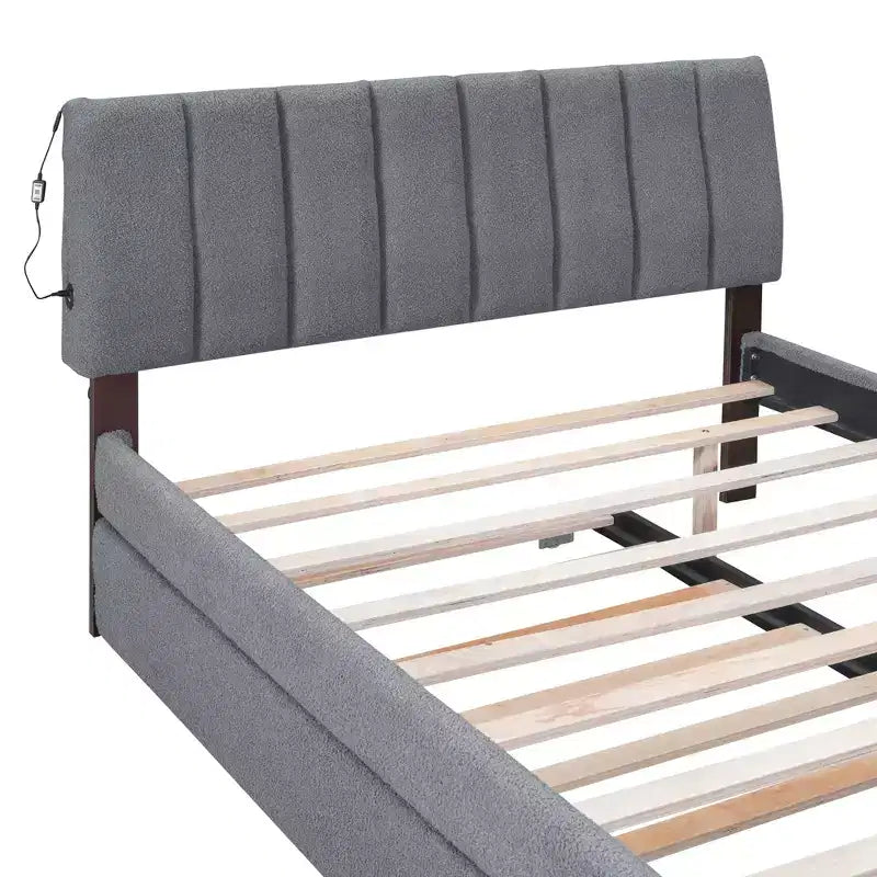 Full/Queen Upholstered Platform Bed with Trundle, Modern Teddy Fleece Bed Frame with LED Light