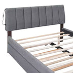 Full/Queen Upholstered Platform Bed with Trundle, Modern Teddy Fleece Bed Frame with LED Light