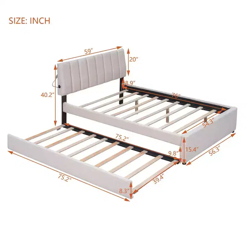 Full/Queen Upholstered Platform Bed with Trundle, Modern Teddy Fleece Bed Frame with LED Light