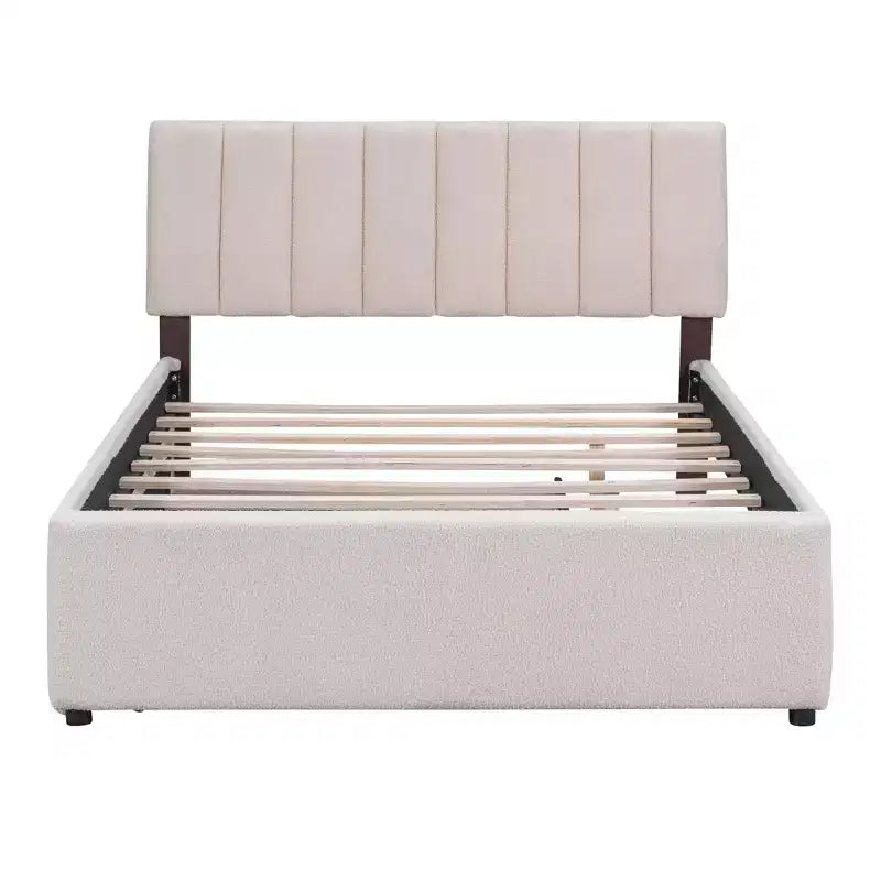 Full/Queen Upholstered Platform Bed with Trundle, Modern Teddy Fleece Bed Frame with LED Light